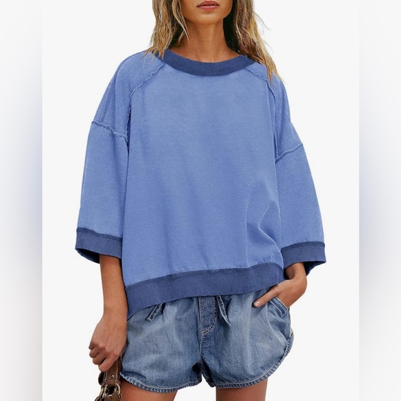Tops - 3/4 Sleeve Oversized Cropped Crewneck Sweatshirt